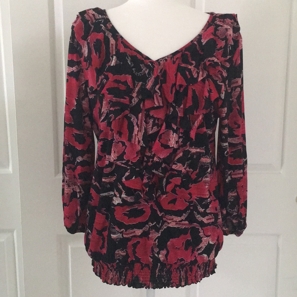 Style & Co Blouse Red Black Pink Ruffle Top Size L
